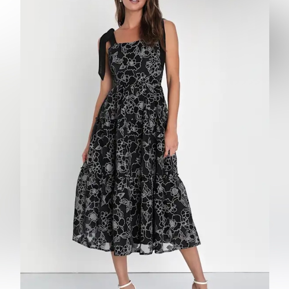 Lulu's Black Midi Dress with White Floral Embroidery and Tie Shoulders - Picture 2 of 13